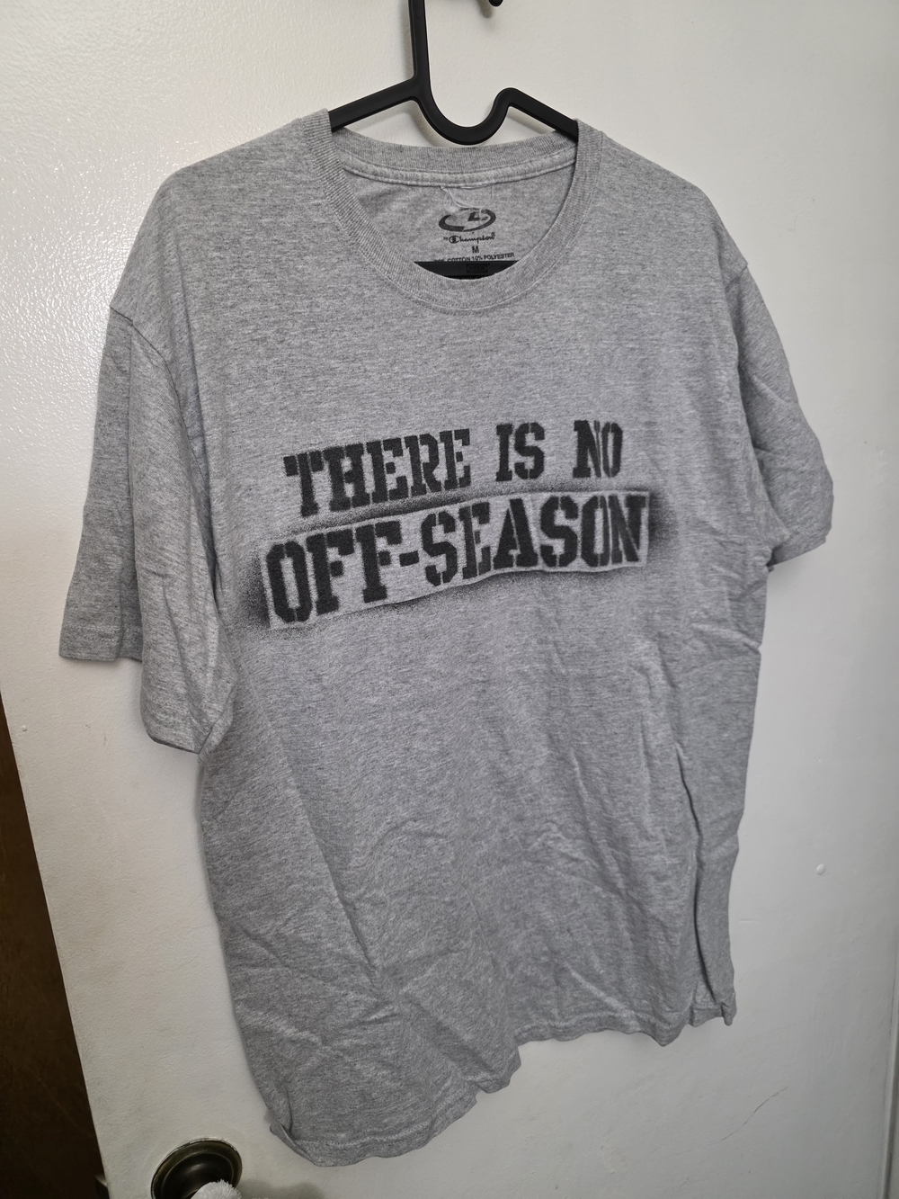 Champion Gray Short Sleeve Tee with Black 'THERE IS NO OFF-SEASON' Graphic
